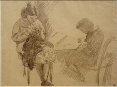 Young Girl Sitting, Knitting, and a Young Boy Sitting Holding a Leaf by Alfred Sisley